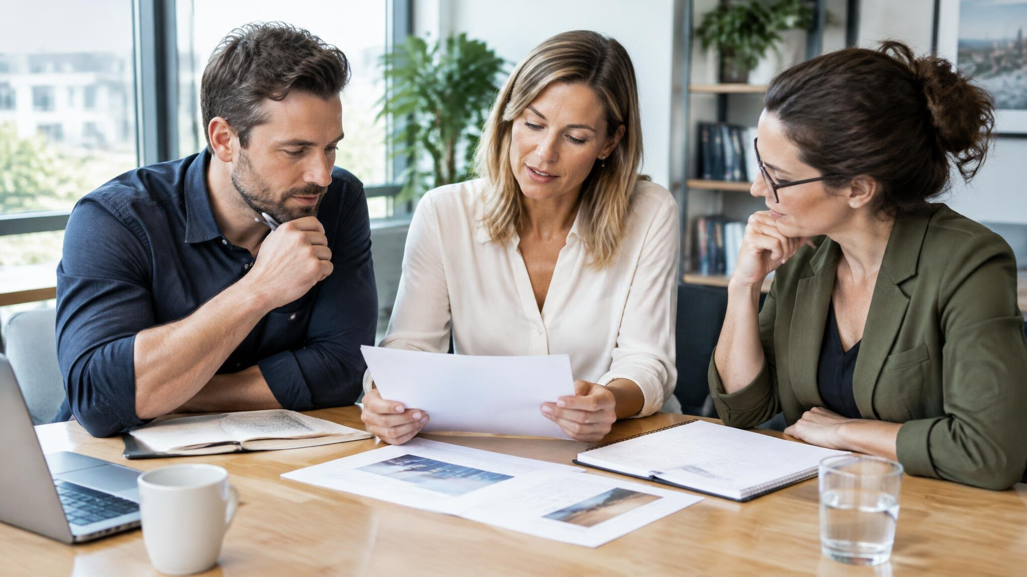Colleagues reviewing documents together at a bright office table