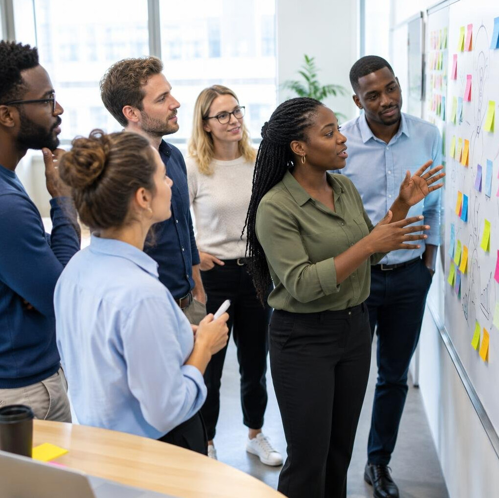 Diverse colleagues brainstorming in front of a whiteboard