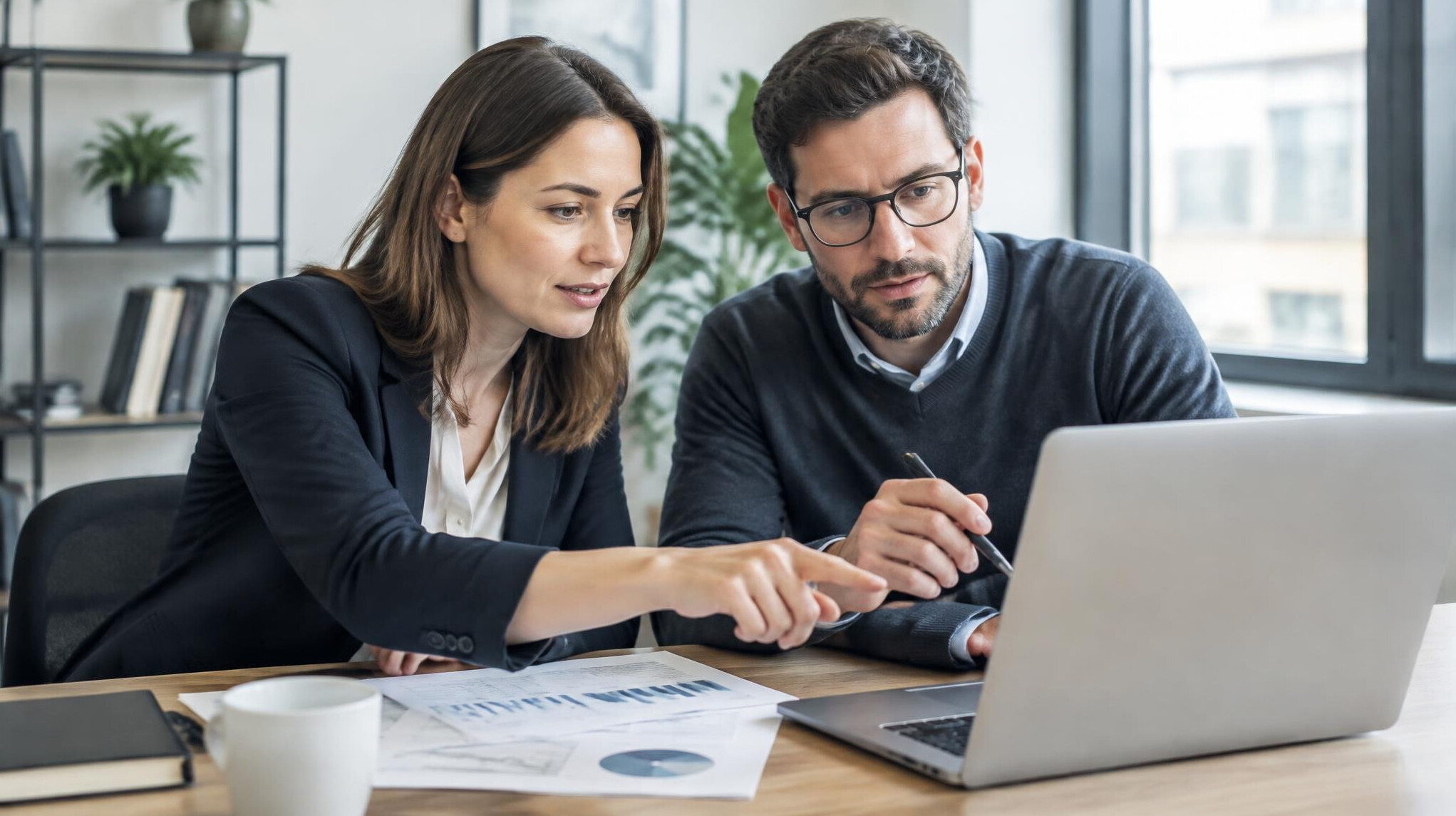Colleagues collaborating over documents and a laptop at a desk