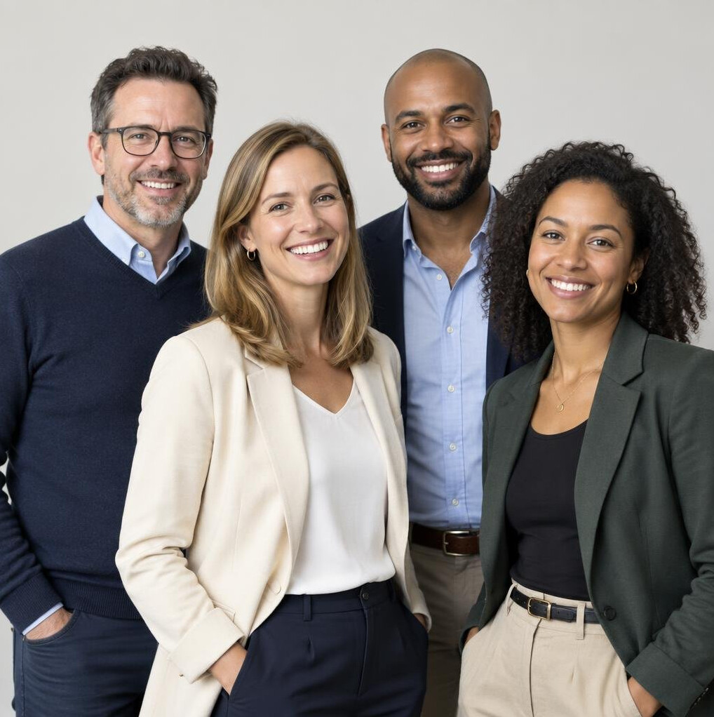 Group of four diverse professionals standing together and smiling