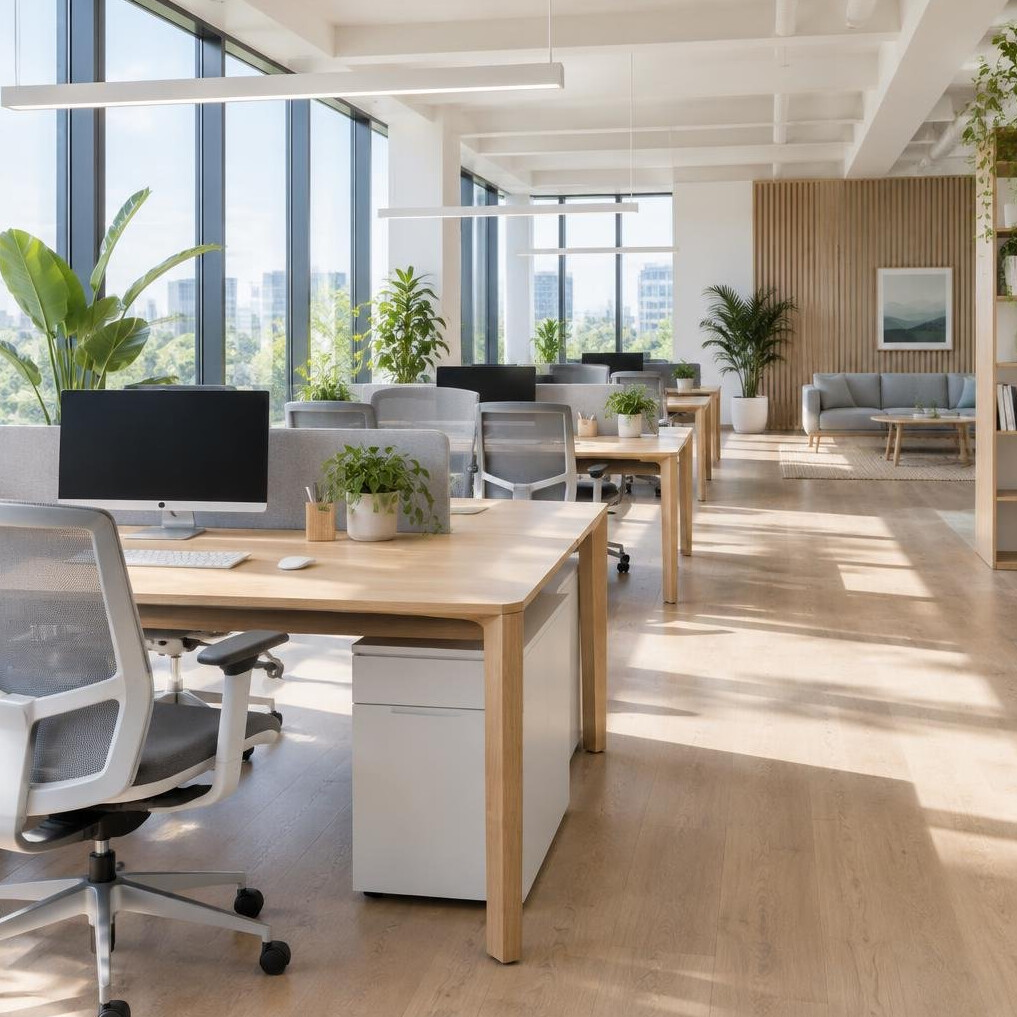 Open-plan modern office workspace with desks and plants