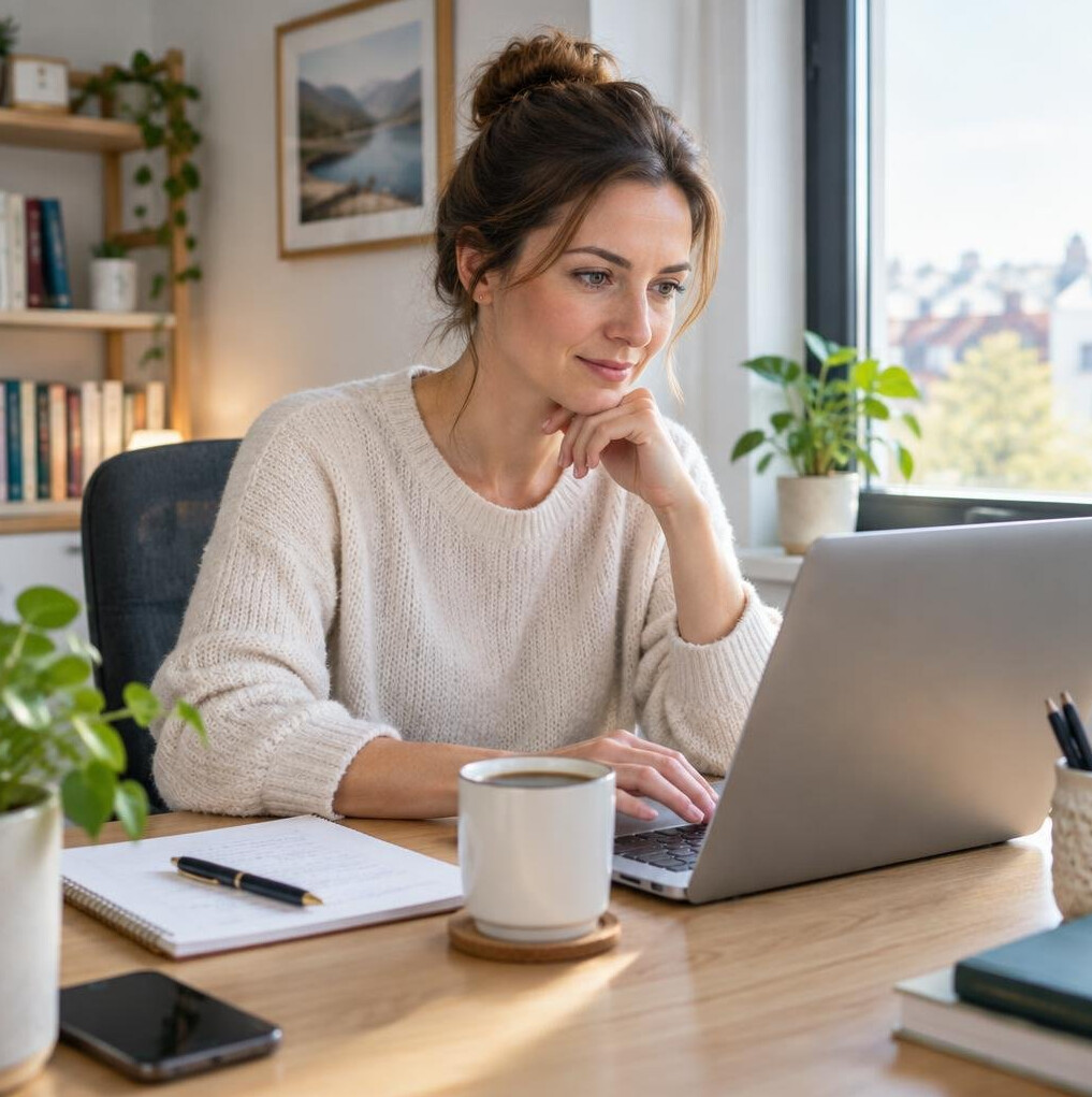 Person working remotely from a home office with a laptop